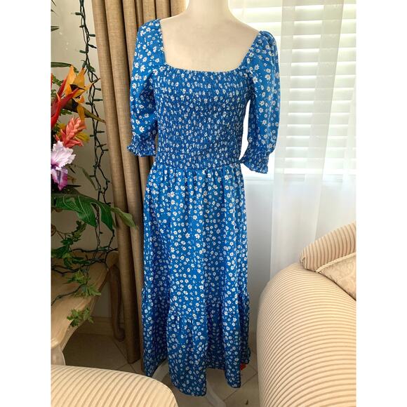 Cider Floral Smocked Short Sleeve Maxi Dress in Blue - Picture 4 of 9